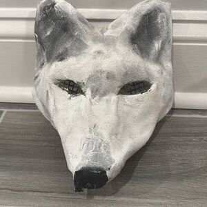 Arctic fox/arctic wolf white mask. 6 inches tall and 7 1/2 inches long.